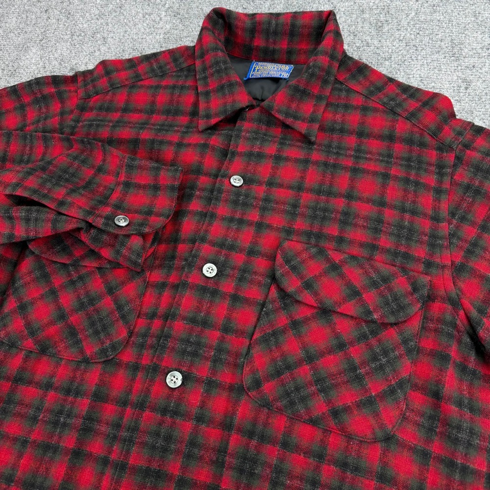 Vintage Pendleton Board‎ Shirt Mens Medium Red Green Plaid 100% Virgin Wool